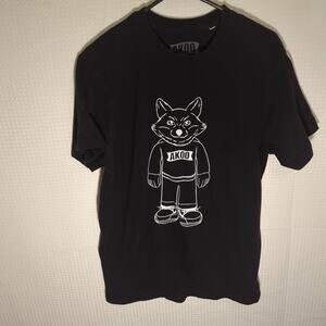 Akoo Black Graphic T-Shirt M Fox Character Logo Streetwear Hip Hop 100% Cotton